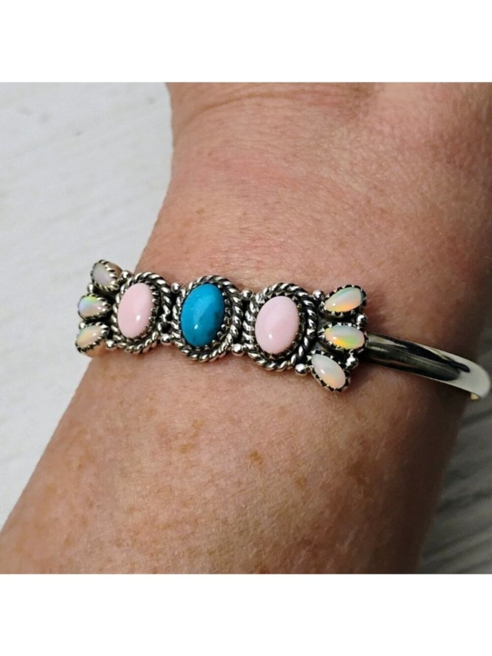 Southwestern Turquoise Opal Pink Conch Shell Sterling Silver Cuff Bracelet